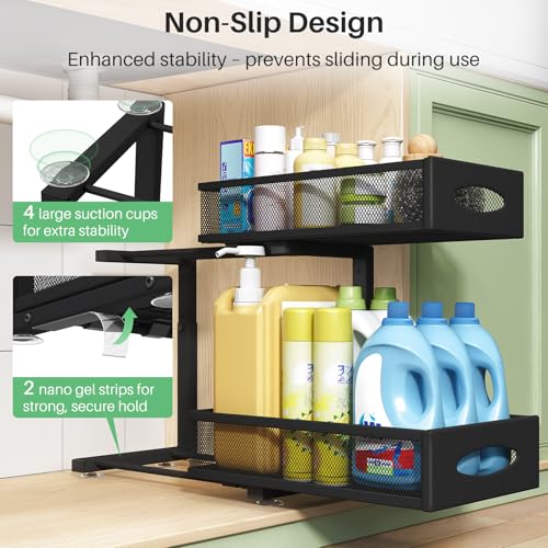 Under Sink Organizer, 2 Tier Pull out Cabinet Organizer Baskets with Mesh Sliding Drawers, Slide out Storage Shelf for Home, Kitchen, Bathroom, Pantry, Office Cabinet, Countertop(1 Pack) - view 6