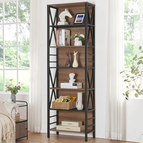 Tall Bookshelf, 7-Tier Book Shelf, Rustic Wood Metal Bookshelves and Bookcases, Freestanding and Industrial Open Bookcase for Home Office, Living Room and Bedroom, Vintage Brown - view 3