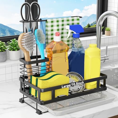 Kitchen Sink Organizer with Brush Rack - Sink Caddy with Drain-Pan