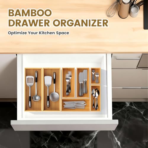 Bamboo Drawer Organizer, Stackable Utensil Trays for Kitchen, Wood Silverware Organizer for Drawer, Set of 2-15"x6"x2" - view 6