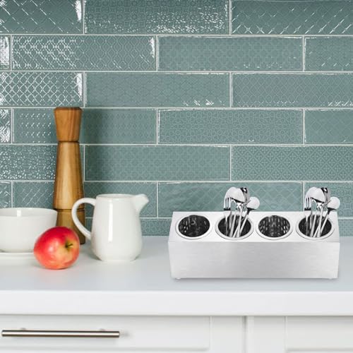 Commercial Utensil Holder, Stainless Steel Cylinder Flatware Silverware Utensil Holder Caddy Drying Rack Countertop Silverware Organizer (4 Holes) - view 6