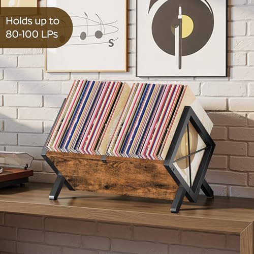 Vinyl Record Holder, Record Storage Rack Holds 80-100 LP，Wooden and Metal Record Organizer, Quick Assembly Magazine Holder for CDs, Magazine, Albums, Rustic Brown and Black CJ06BR - view 2