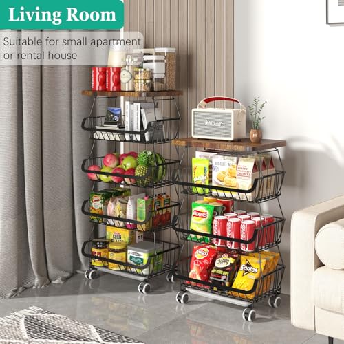 Fruit Basket with Wooden Lid for Kitchen, 4-Tier Stackable Wire Fruit Vegetable Storage Basket Organizer Stand on Wheel, Produce Basket Potato Onion Storage Bins Rack Cart for Pantry - view 5