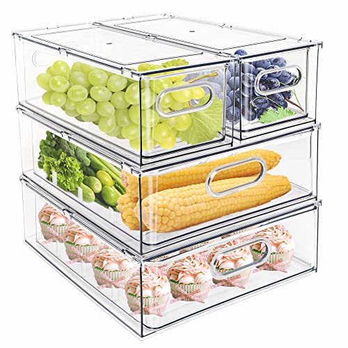 4 pack Stackable Refrigerator Organizer Bins Pull-Out Drawers for Fruit and Veggies Storage Organizer for Fridge Clear Drawer Containers with Handle Divided Organization for Produce Saver