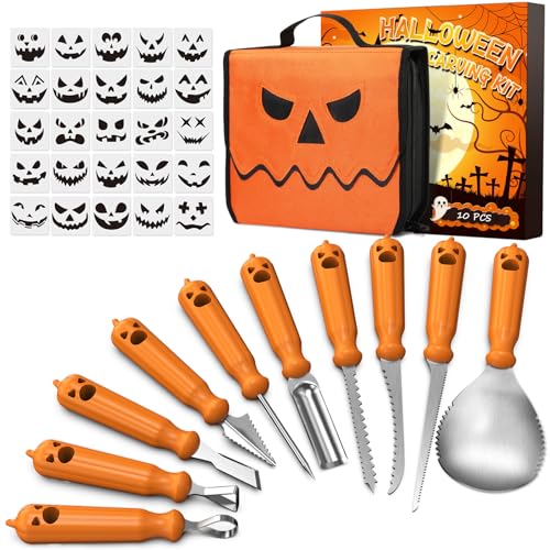 Halloween Pumpkin Carving Kit Tools, 10 PCS Professional Carving Knife with Unique Storage Bag and 25 PCS Pumpkin Carving Stencils, Stainless Carving Set for Halloween Decor, Home Essentials