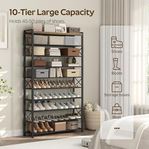 10-Tier Shoe Rack, 39.4" L Shoe Shelf for 45-50 Pairs of Shoes, Tall Shoe Storage Organizer with Metal Frame, Large Capacity Shoes Rack for Entryway, Closet, Rustic Brown and Black SS39BR - view 4