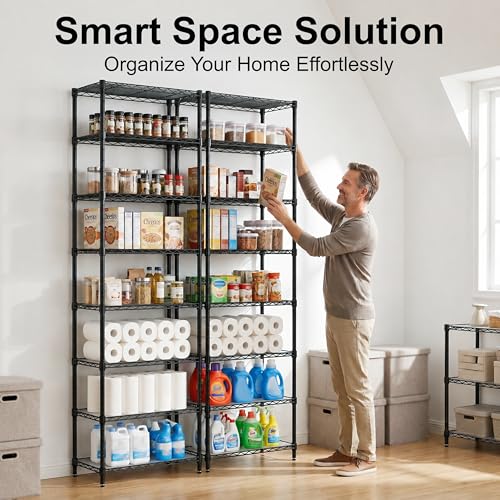 8-Tier Wire Shelving Unit Adjustable Steel Wire Rack Shelving, 80.7 Inches Height 8 Shelves Metal Storage Rack, Pantry Shelves for Storage with PE mat, NSF Certified, Black - view 5