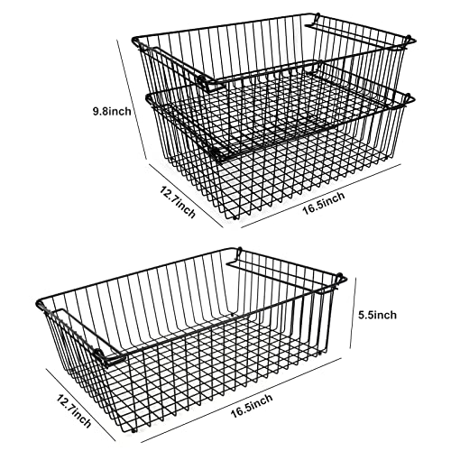 Set of 2 Stackable XXL Wire Baskets For Pantry Storage and Organization -16x12in Large Metal Food Baskets -Vegetable,Fruit,Potato,Onio, Pantry Storage Bins With Handles (Black, XXL) - view 5