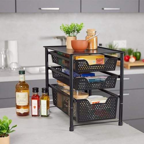 Drawer Shelf, Stackable Office Organiser, 3 Pull-Out Baskets, Metal, Kitchen, Bathroom, HBT: 35 x 28 x 42.5 cm, Black - view 2