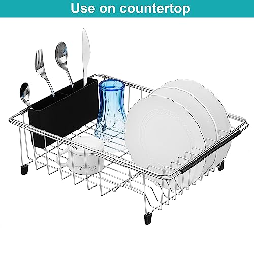 Expandable Multifunctional Dish Drying Rack, Over The Sink, in Sink Or On Counter Dish Drainer Basket Shelf with Black Utensil Silverware Holder, Rustproof Stainless Organizer - view 3