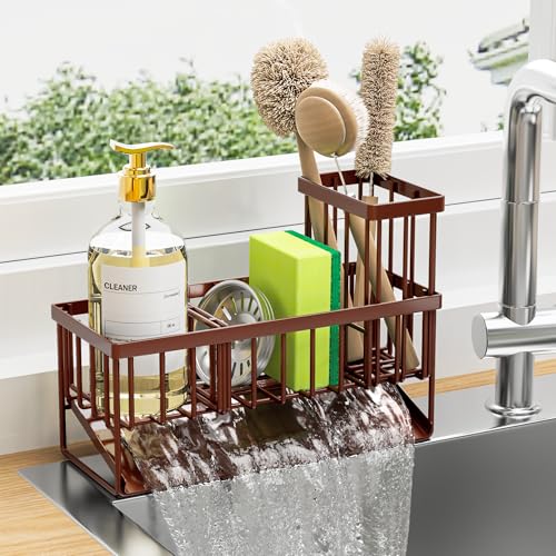 Kitchen Sink Caddy, Sponge Holder for Kitchen Sink, Kitchen Sink Organzier and Storage with High Brush Holder, Rustproof 304 Stainless Gadgets Sink Accessories(Brown)