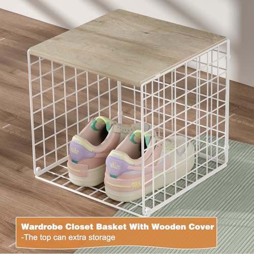 3PCS Stackable Closet Organizers and Storage, Closet Shelves with Wood Top Extra Storage, Clothes Storage Organizer Basket Bin/Cube for Home Wardrobe Organization(White-Sturdy Metal) - view 4