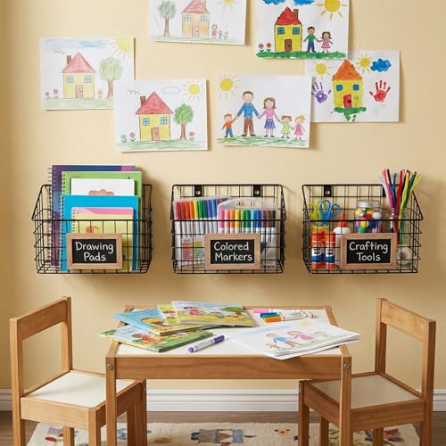 10 Inch Wall Mounted Matte Black Metal Wire Storage Baskets with Chalkboard Labels, Small Hanging Organizer Bins for Home Entryway Kitchen Pantry Closet, Set of 3 - view 6