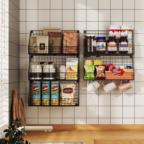 3-Tier Stackable Detachable Snack Organizer (Large Size), Countertop Display/Wall Mounted Shelf with 5 Hooks Wire Basket Snack Shelf for Office Cabinets, Kitchen, Pantry, 11.8x7.8x22 Inch - view 7