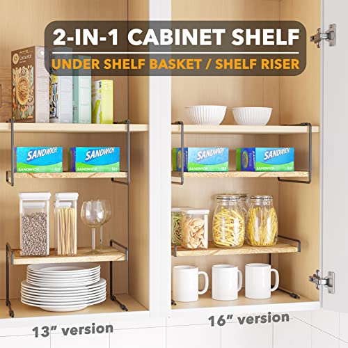 Cabinet Shelf Organizers 2 Pack, Kitchen Counter Organizer Rack Under Shelves Riser, Pantry Cupboard Storage Organization, Metal and Wood, Black and Natural, 16" Wide - view 3