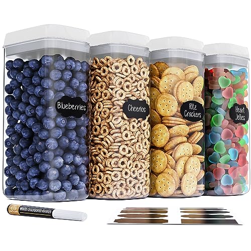 Large Airtight Food Storage Containers with White Lids, Set of 4, 3.2L, 109Oz, Kitchen and Pantry Canisters for Pasta, Cereal, Noodles, and Flour Storage - Transparent