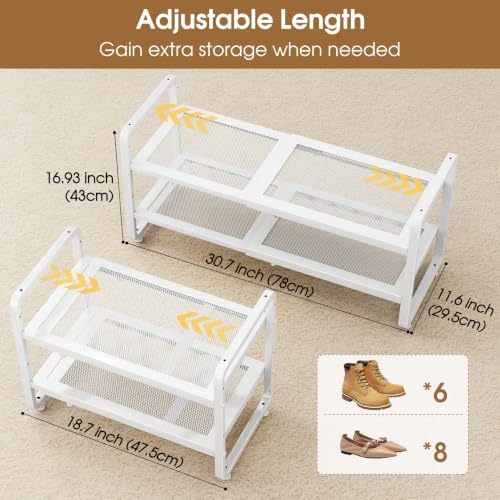 2-Tier Expandable Shoe Rack for Closet, Adjustable Metal Shoe Organizer with Sturdy Mesh Shelves for Boots & Heels, Stackable Shoe Storage for Entryway, Garage, Small Spaces (White, 2-Tier) - view 3