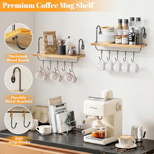 Floating Wall Shelves for Kitchen Bathroom Coffee Nook with 10 Adjustable Hooks for Coffee Mugs, Coffee Bar Organizer and Decor, Rustic Storage Shelves Set of 2 - view 5