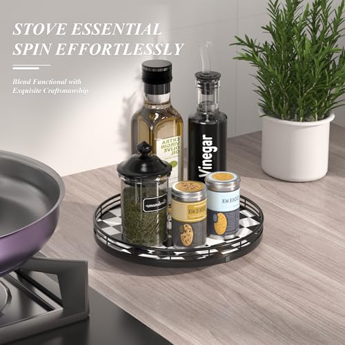 10-Inch Black and White Checkerboard Lazy Susan with Oak Base - view 5