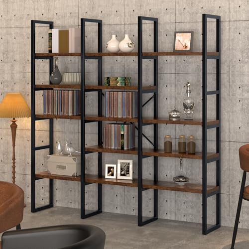 Large Bookshelf 5 Tiers, Triple Wide Geometric Bookcase, 71 Inches Tall Industrial Book Shelves Etagere Book Case, Sturdy Metal Frame, Freestanding Display Shelving Unit, Rustic Brown - view 5