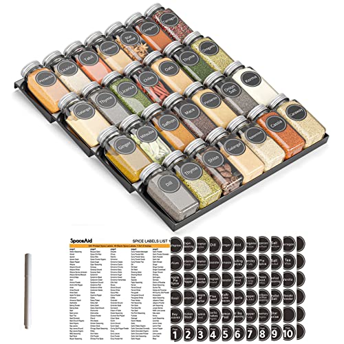 Spice Drawer Organizer with 28 Spice Jars, 386 Spice Labels, 4 Tier Seasoning Rack Tray Insert for Kitchen Drawers, 13" Wide x 17.5" Deep