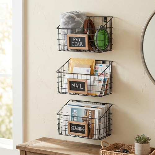 10 Inch Wall Mounted Matte Black Metal Wire Storage Baskets with Chalkboard Labels, Small Hanging Organizer Bins for Home Entryway Kitchen Pantry Closet, Set of 3 - view 2