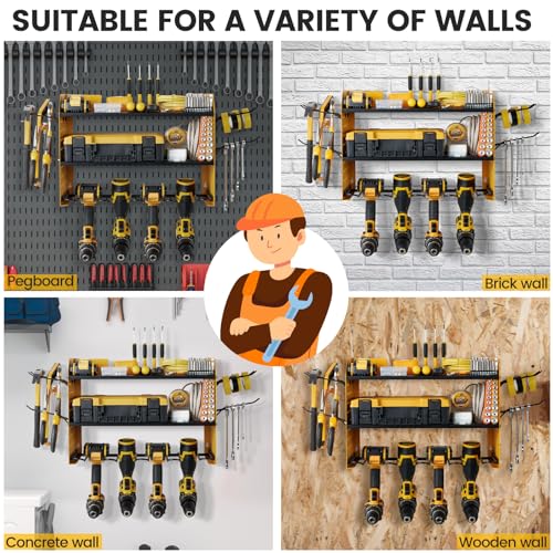Power Tool Organizer Wall Mount, 3-Layer Drill Rack, Yellow - view 7