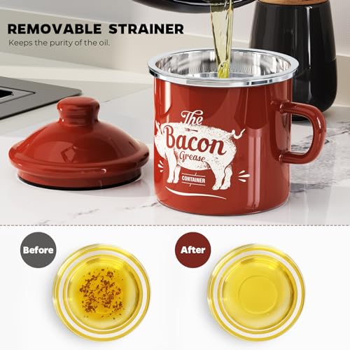 Bacon Grease Container with Strainer-15OZ Enamel Saver, Dishwasher Safe - view 4
