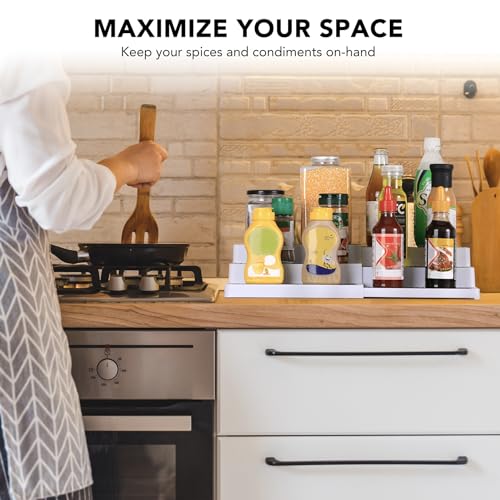 3-Tier Expandable Spice Rack, Plastic Spice Rack Organizer for Cabinet, Adjustable Length, Non-Skid Spice Shelf Organizer for Kitchen Cabinet, Countertop or Pantry, 2 Pack, White/Grey - view 4