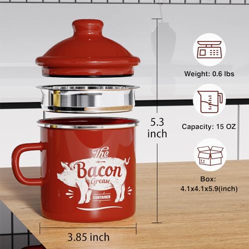 Bacon Grease Container with Strainer-15OZ Enamel Saver, Dishwasher Safe - view 2