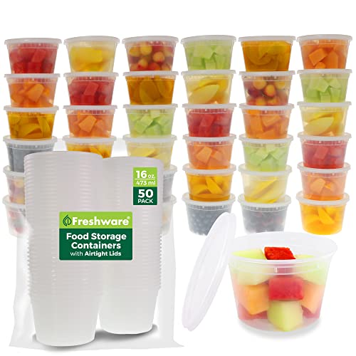 Food Storage Containers, Plastic Deli Container with Lids, Slime, Soup, Meal Prep Containers, BPA Free, Stackable, Leakproof, Microwave/Dishwasher/Freezer Safe, 16 oz - 50 Sets (Pack of 8)