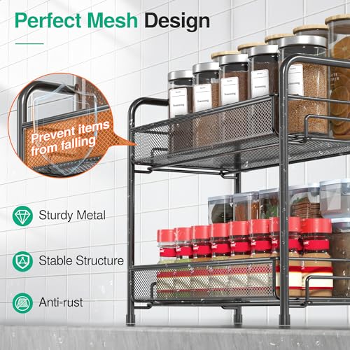 Spice Rack Organizer for Countertop, 2-Tier Foldable Metal Rust-Proof Standing Large Seasoning Storage Shelf with Guardrail and Mesh Design for Kitchen Cabinet Bathroom Living Room Pantry, Black - view 5