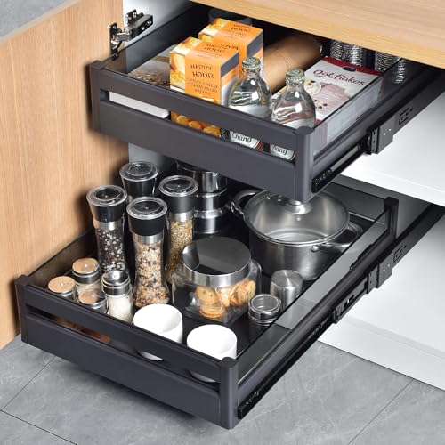 Pull Out Cabinet Organizer – 20" W x 21" D Aluminum & Glass Drawer Organizer with Removable Dividers, Heavy Duty Pull Out Shelf for Kitchen Cabinets, Sliding Storage Tray, DIY Single Tier
