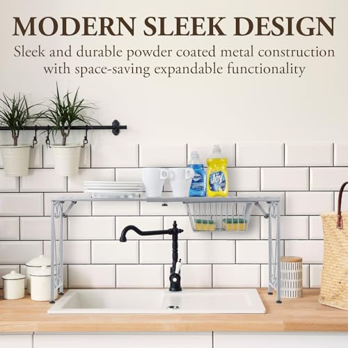 Silver Metal Over The Sink Organizer Shelf with Pull Out Drawer, Expandable Kitchen Caddy Rack, Bathroom Storage Shelf Riser with Scrollwork Design - view 4