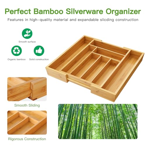 Bamboo Expandable Silverware Drawer Organizer, Adjustable Kitchen Utensil Tray for Forks, Spoons and Knives, Wood Storage Cutlery Holder for Bedroom and Living Room - view 5
