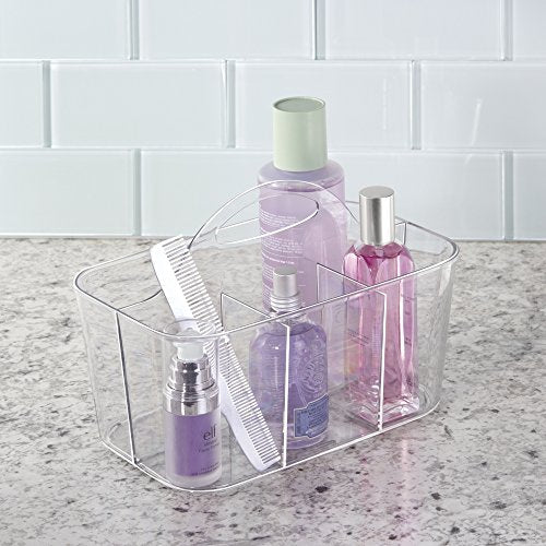 Small Plastic Shower/Bath Storage Organizer Caddy Tote with Handle for Dorm, Shelf, Cabinet - Hold Soap, Shampoo, Conditioner, Combs, Brushes, Lumiere Collection, Clear - view 2