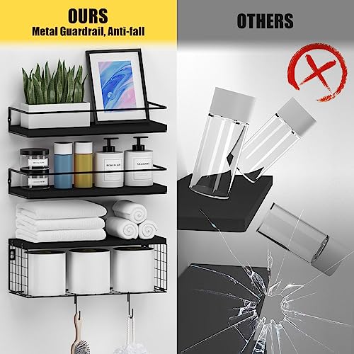 Black Floating Shelves with S Hooks, Wall Mounted Bathroom Shelves Over Toilet with Toilet Paper Basket, Bathroom Organizers and Storage, Small Corner Shelf for Bedroom Home Room Wall Decor - view 5