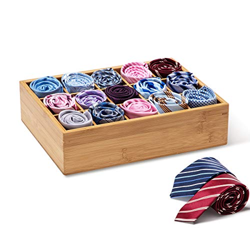 Bamboo Closet Drawer Divider - Storage Organizer with 15 Compartments, Drawer Organizer, Storage Box for Belts, Ties, Bras, Briefs, Socks & Jewelry - Natural