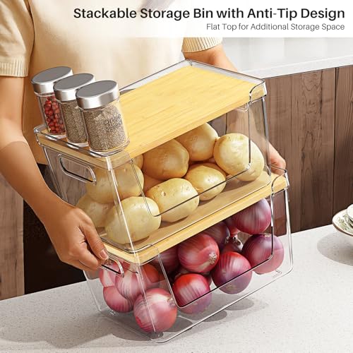 2 Set Pantry Organizer and Stackable Storage Kitchen,Sturdy and Durable Storage Basket for Potato, Onion, Garlic, Fruit, Vegetable, Produce, Clear Plastic Storage with Lid&Handle - view 3