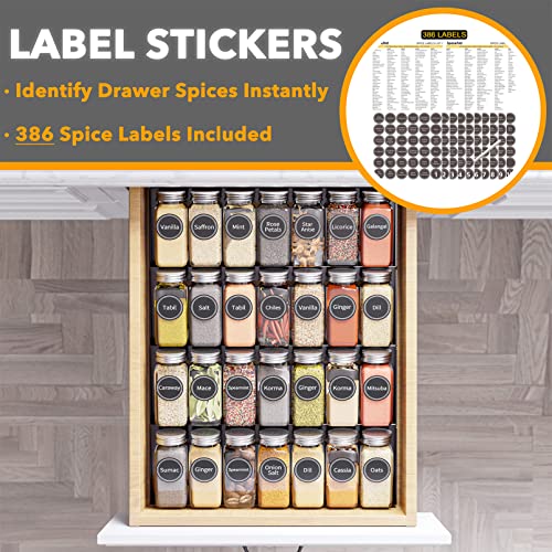 Spice Drawer Organizer with 28 Spice Jars, 386 Spice Labels, 4 Tier Seasoning Rack Tray Insert for Kitchen Drawers, 13" Wide x 17.5" Deep - view 3