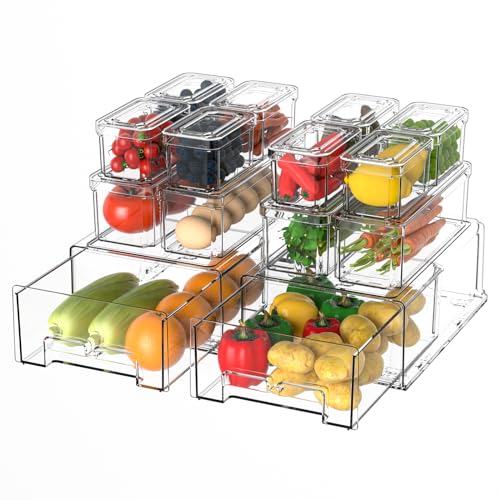 14 Pack Clear Fridge Organizer with Lids and Refrigerator Drawers