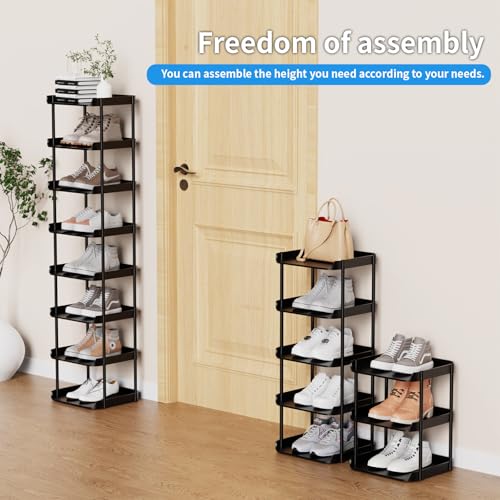 8 Tier Vertical Narrow Shoe Rack, Stackable Tall Skinny Shoerack, Compact Single Shoes Storage Tower for Slim Space, Corner Plastic Shelves, for Hallways, Entryway, Bedrooms Organizer, Black - view 4