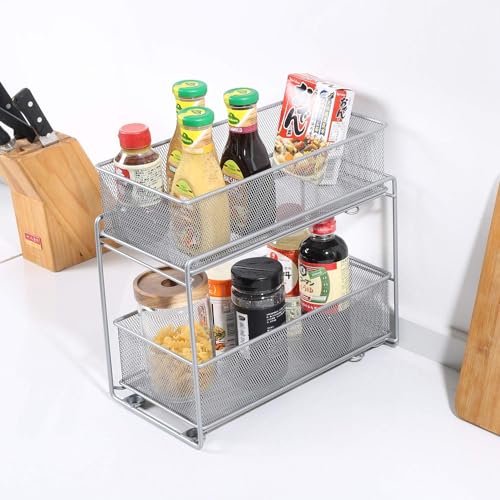 2 Tier Sliding Basket Stackable Cabinet Pull-Out Drawer Mesh Organizer for Kitchen Under Sink Storage (Silver) - view 5