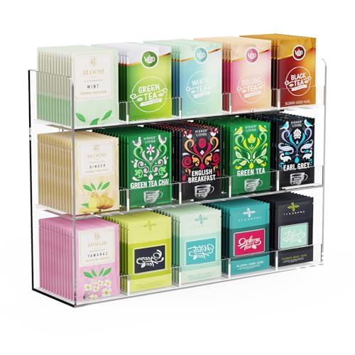 Acrylic Tea Bag Organizer, 3 Layers Tea Bag Holder for Tea Packets, Wall Mount Display Tea Caddy for Countertop or Cabinet, 15 Slots, Clear