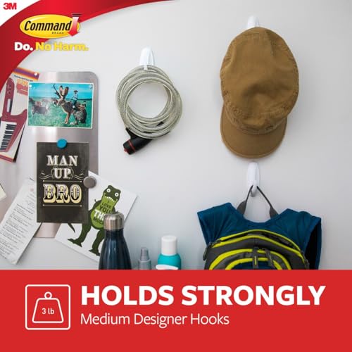 Medium Designer Hooks, 2 Hooks and 4 Strips, Damage-Free Hanging Wall Hook with Adhesive Strips, No Tools Great for Hanging, Organization and Storage, Holds up to 3 lb (Pack of 6) - view 3