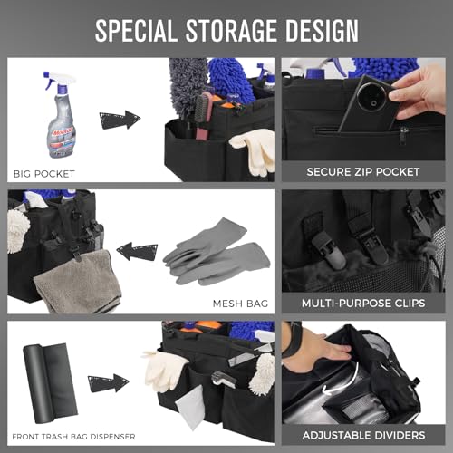 Wearable Cleaning Caddy Organizer with Handle & Shoulder Straps for Housekeepers, Under Sink & Car Cleaning Tool Organizer Bag with 4 Foldable Dividers (Black) - view 2