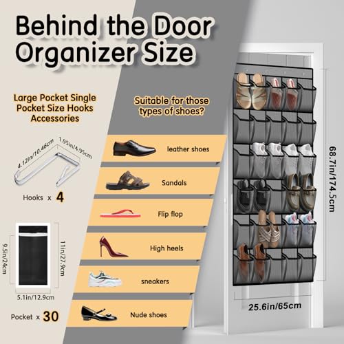 Over the Door Shoe Organizer with 30 Breathable Mesh Pockets - Large Capacity Closet Storage for Men & Women, Hanging Shoe Rack Organizer (Gray) - view 3