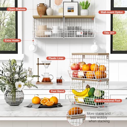 White Fruit Storage Basket for Kitchen Counter Set of 2, Wall Mount Wire Fruit Basket with Shelf with Banana Hanger, Hanging Countertop Organizer for Bathroom Pantry Cabinet, White + Natural - view 6