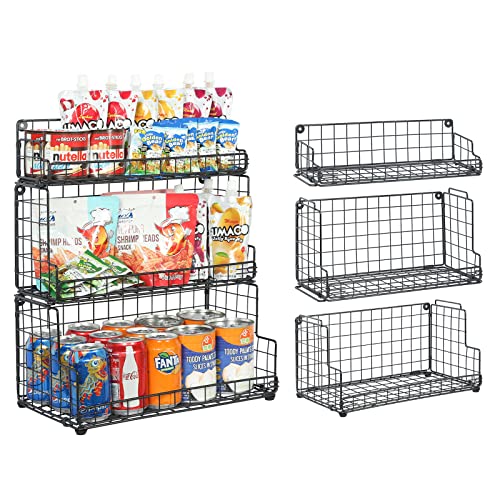 Stackable Wire Basket 3 Tier Countertop& Wall Mounted Metal Storage Basket for Kitchen Pantry Cabinet, Muti-functional Open Front Bin Organizer for Food Fruit Snack, Black