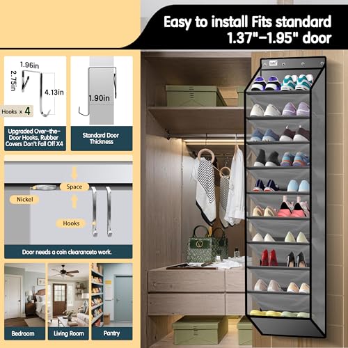 10 Tier Over The Door Organizer - Heavy Duty Hanging Storage Rack with Sturdy Oxford Fabric, Holds 20+ Pairs of Footwear, Boots & Sneakers, Saves 50% Closet Space (Gray) - view 4